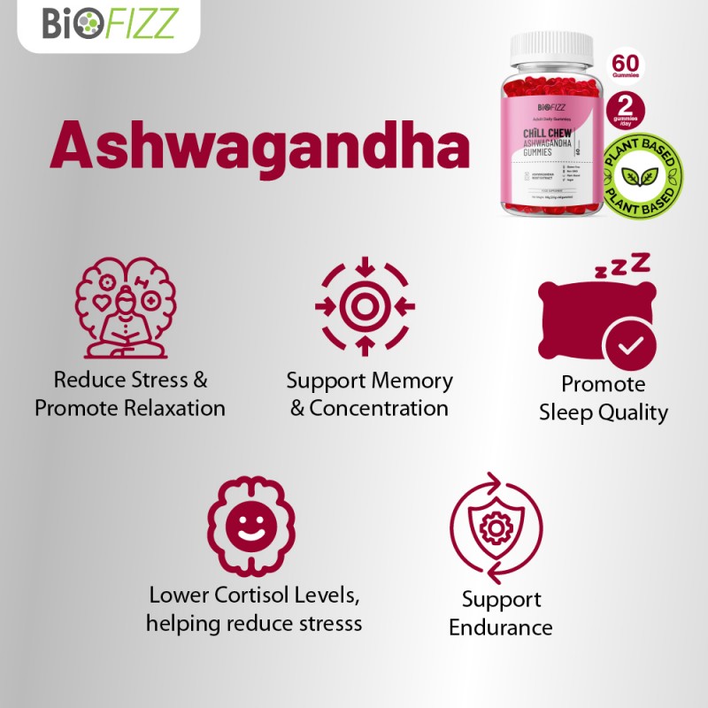 BIOFIZZ Chill Chew Ashwagandha Gummies 2.5g X 60's for Relax, Sleep, Stress, Gummy, Gummy Halal, 软糖