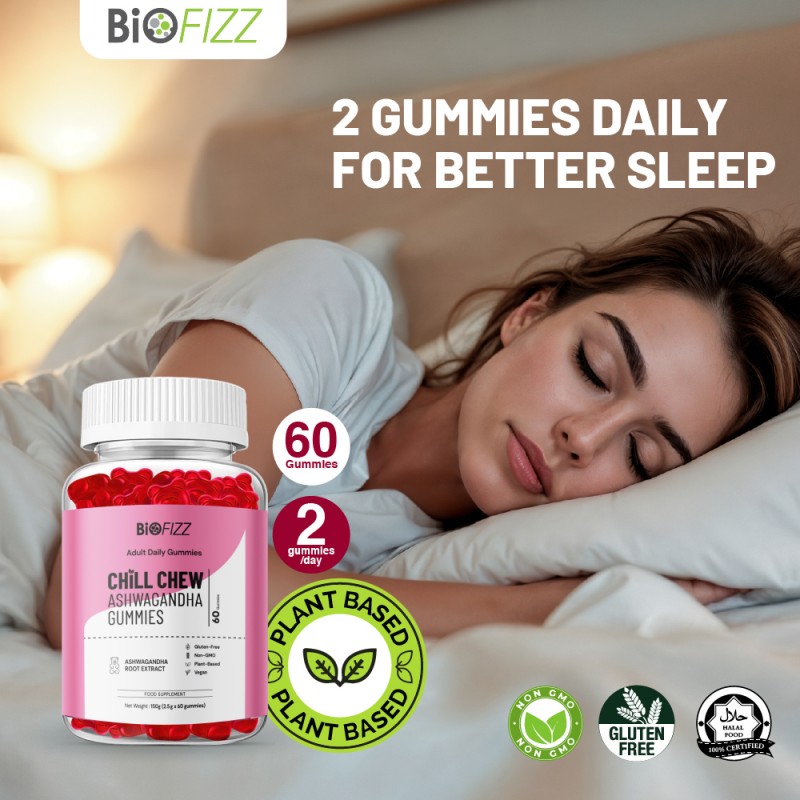 BIOFIZZ Chill Chew Ashwagandha Gummies 2.5g X 60's for Relax, Sleep, Stress, Gummy, Gummy Halal, 软糖