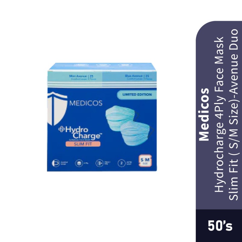 MEDICOS 4Ply Hydrocharge 4Ply Face Mask 50’s Slim Fit S / M Size- Mask , 4 Ply Mask , Face Mask