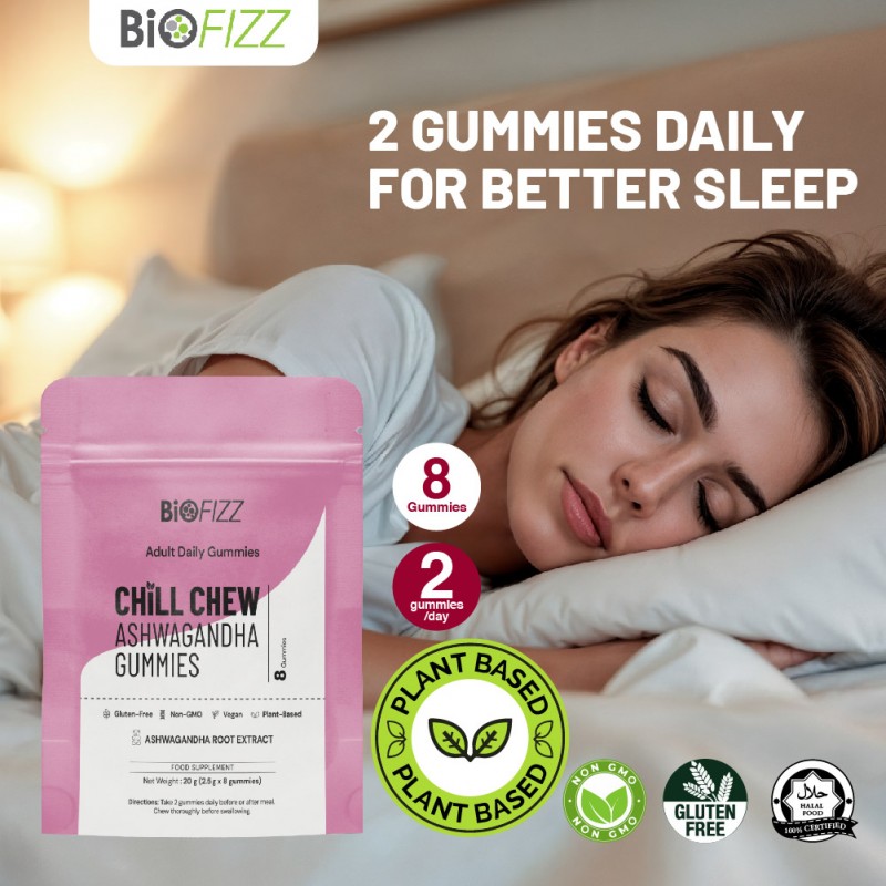 BIOFIZZ Chill Chew Ashwagandha Gummies 2.5g X 8's for Relax, Sleep, Stress, Gummy, Gummy Halal, 软糖