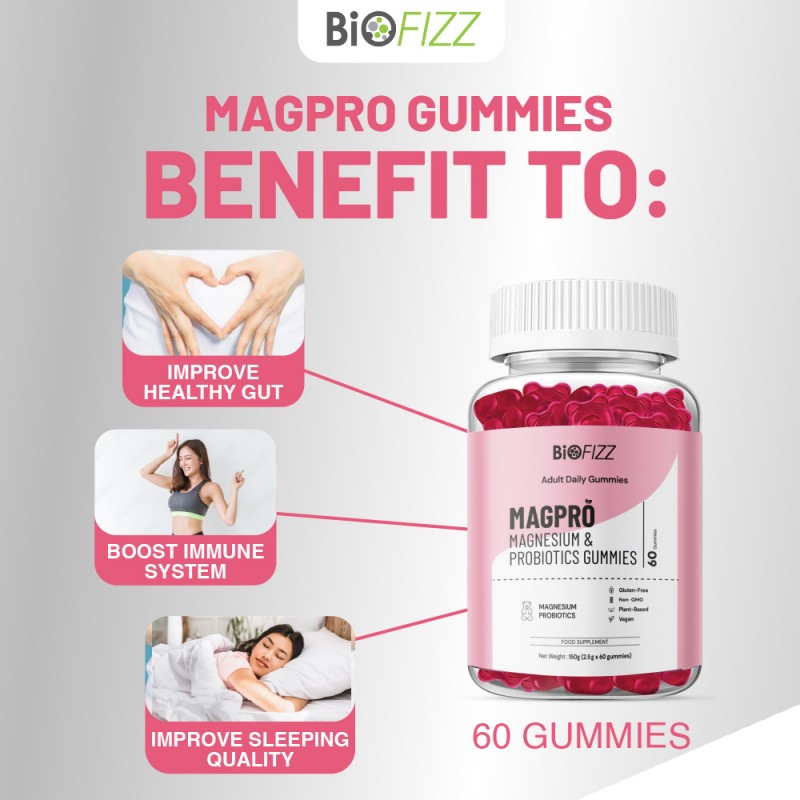 BIOFIZZ Magpro Magnesium & Probiotics Gummies 2.5g x 8's for Gut Health, Sleep, Probiotic Supplement, Gummy