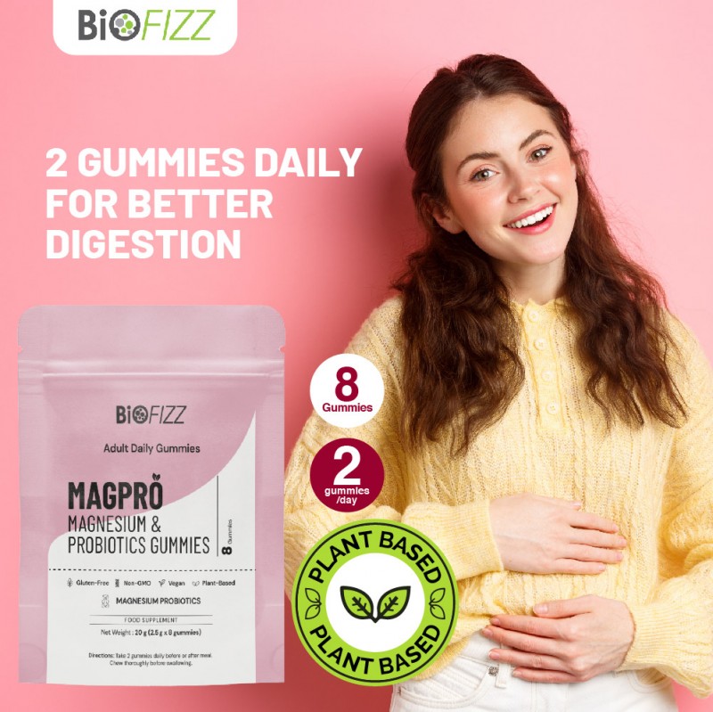 BIOFIZZ Magpro Magnesium & Probiotics Gummies 2.5g x 8's for Gut Health, Sleep, Probiotic Supplement, Gummy