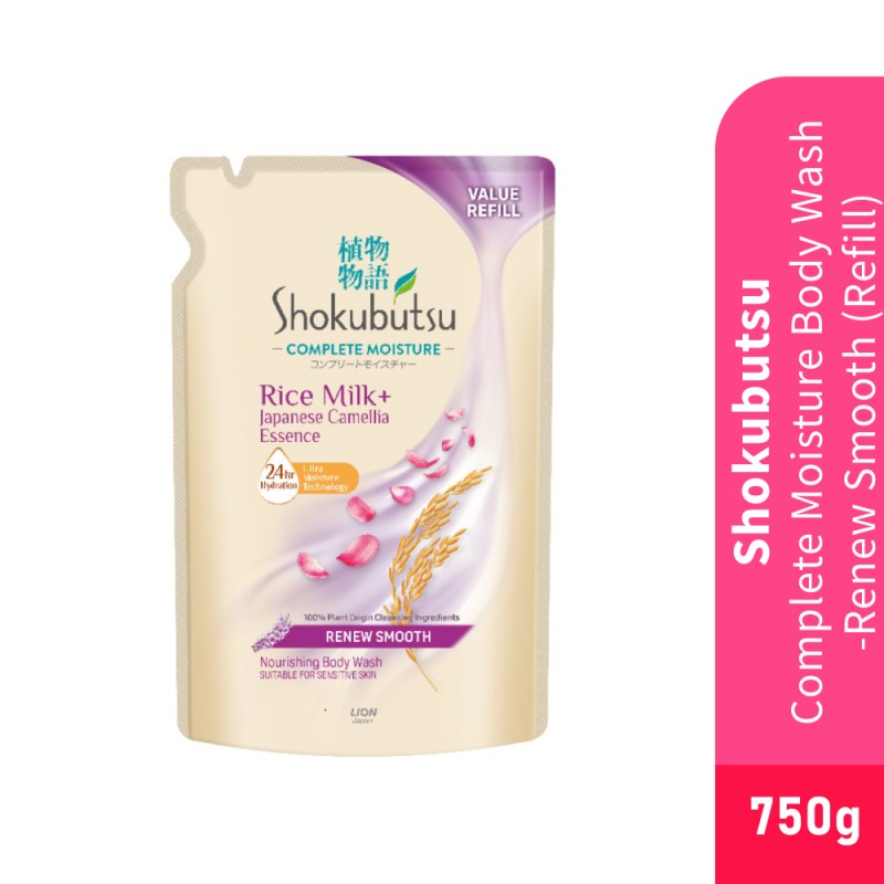 SHOKUBUTSU Body Wash Refill Complete Moisture 750g - Renew Smooth, Sabun Badan, Sabun Mandi Tahan Lama, 沐浴露