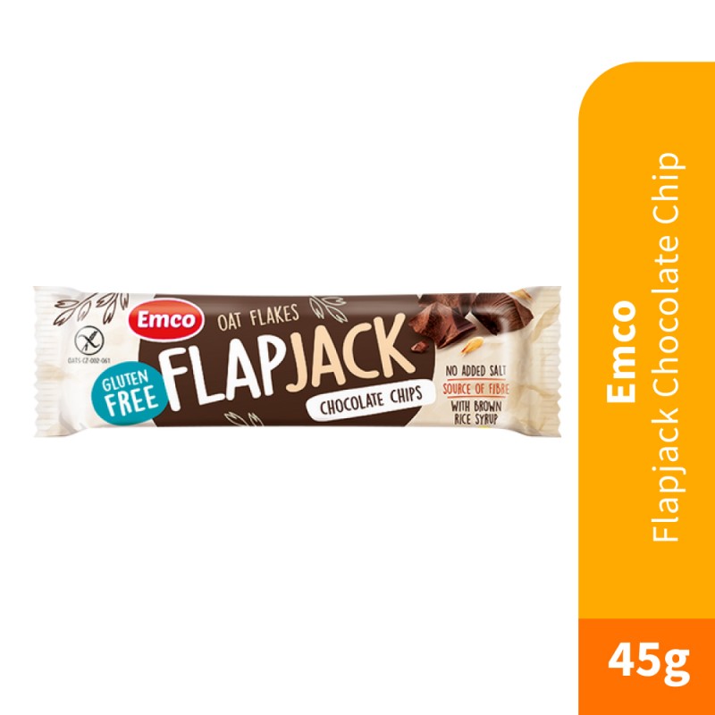 EMCO Flapjack Chocolate Chip 45g Gluten Free Snack, Sugar Free, Snack Halal