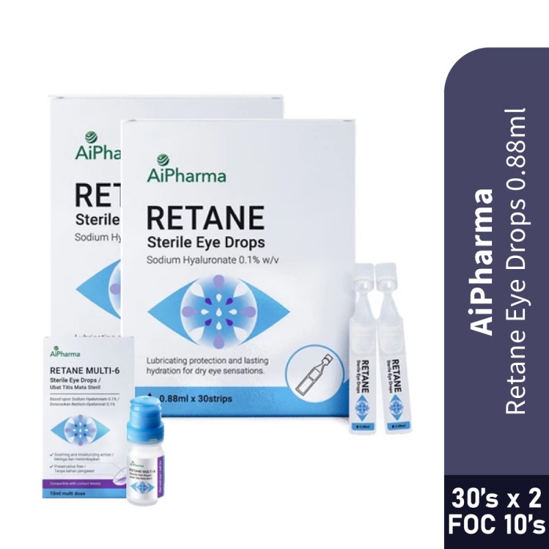 AIPHARMA Retane Eye Drop 0.88ml - 30's X 2 FOC 10's for Eye Drop, Dry Eyes Drops, Eyedrop
