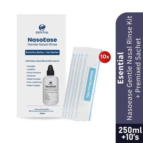 ESENTIAL Nasoease Gentle Nasal Rinse Kit 250ml + 10's Premixed Sachets, Sinus Rinse, Nasal Spray