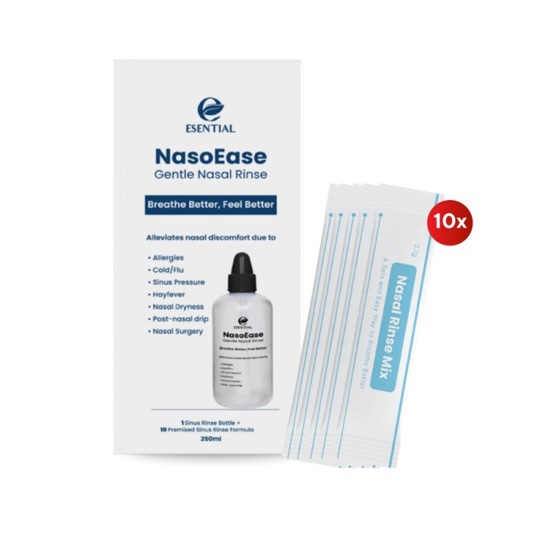 ESENTIAL Nasoease Gentle Nasal Rinse Kit 250ml + 10's Premixed Sachets, Sinus Rinse, Nasal Spray