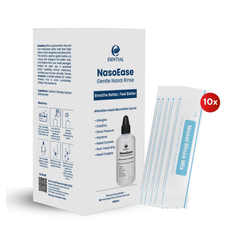 ESENTIAL Nasoease Gentle Nasal Rinse Kit 250ml + 10's Premixed Sachets, Sinus Rinse, Nasal Spray