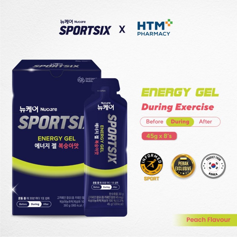SPORTSIX Energy Gel Peach 45g X 8's for Energy Booster, Energy Gel Running, Tambah Tenaga