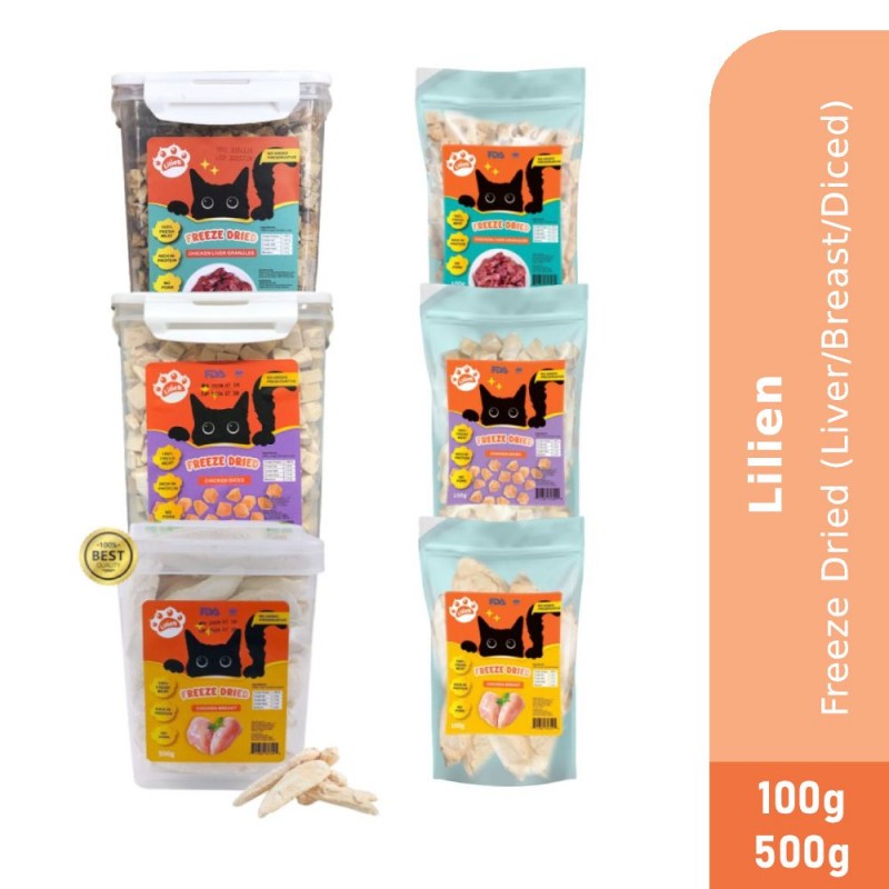 LILIEN Freeze Dried Chicken (Liver/Breast/Diced) - 100g / 500g for Cat Food, Makanan Kucing, Cat Treat