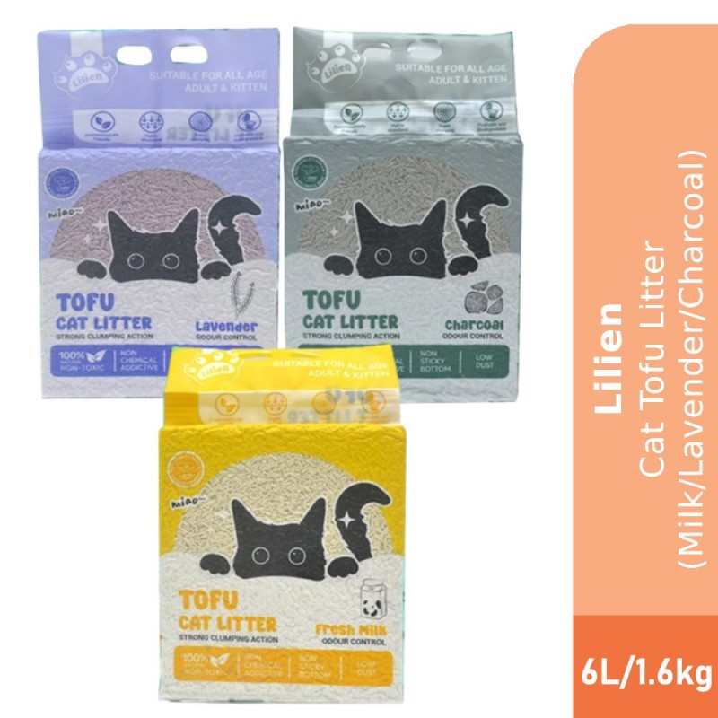 LILIEN Cat Tofu Litter 6L/1.6kg for Pasir Kucing, Cat Litter Tofu, 猫砂 - (Milk/ Lavender/ Charcoal)