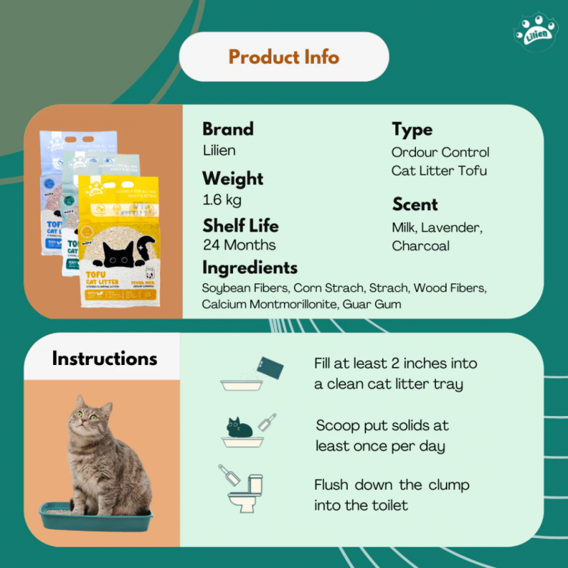 LILIEN Cat Tofu Litter 6L/1.6kg for Pasir Kucing, Cat Litter Tofu, 猫砂 - (Milk/ Lavender/ Charcoal)