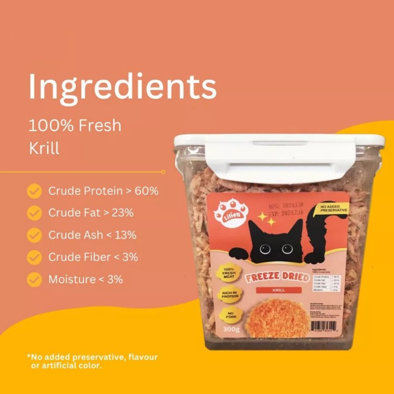 LILIEN Freeze Dried Krill Cat Snack 300g for Cat Treat, Cat Food, Makanan Kucing
