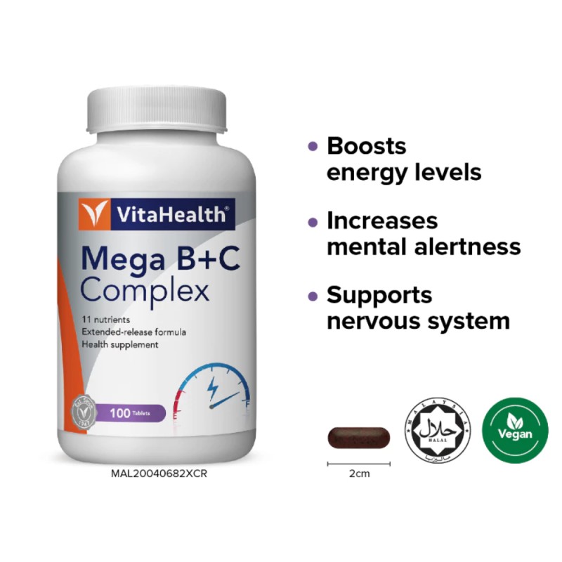 VITAHEALTH Mega B+C Complex 100's Vitamin B Complex, Vitamin C Supplement, Ubat Kuat