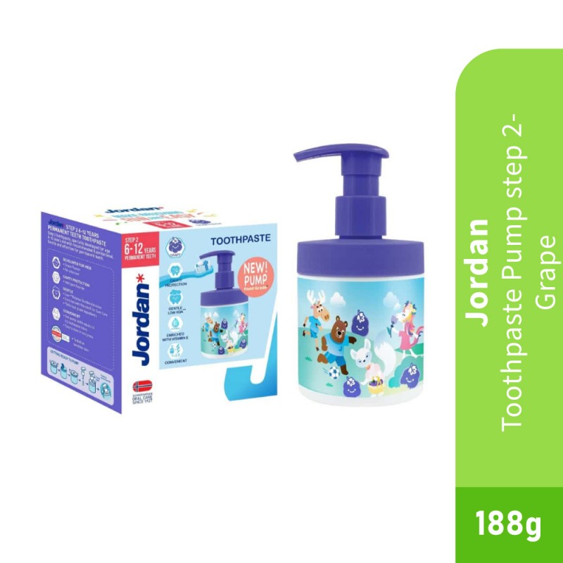 JORDAN Toothpaste Pump Step 2 188g - Grape Kids Toothpaste, Ubat Gigi Kanak Kanak