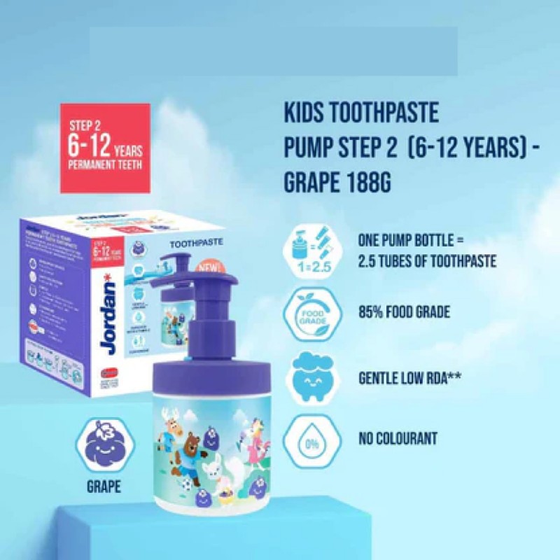 JORDAN Toothpaste Pump Step 2 188g - Grape Kids Toothpaste, Ubat Gigi Kanak Kanak