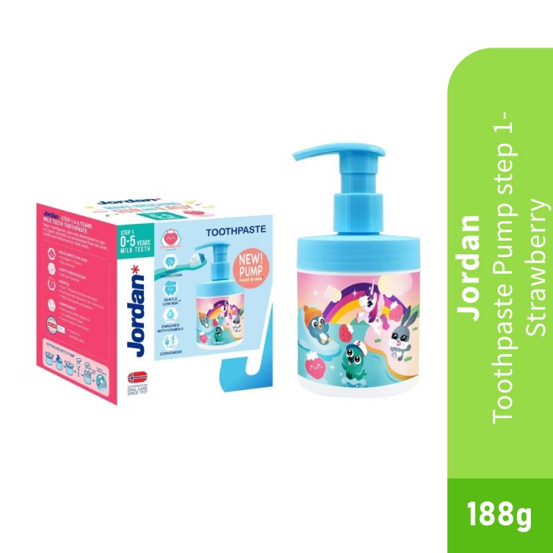 JORDAN Toothpaste Pump Step 1 188g - Strawberry Kids Toothpaste, Ubat Gigi Kanak-Kanak