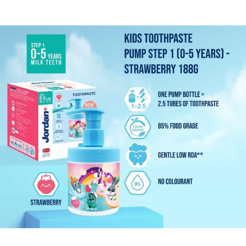 JORDAN Toothpaste Pump Step 1 188g - Strawberry Kids Toothpaste, Ubat Gigi Kanak-Kanak