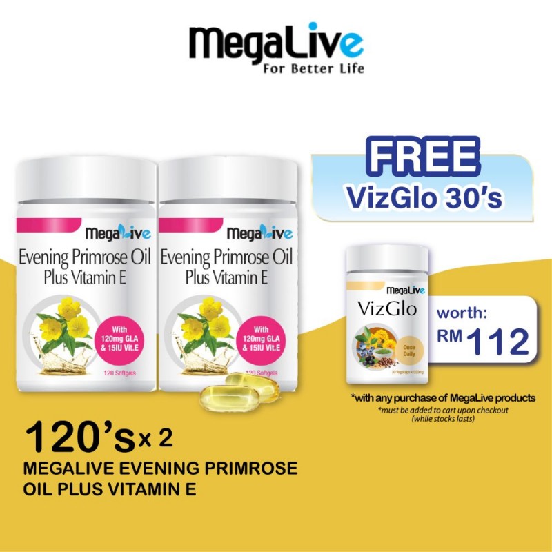 MEGALIVE Evening Primrose Oil Plus Vitamin E 120's X 2 with Evening Primrose Oil, Epo Supplement