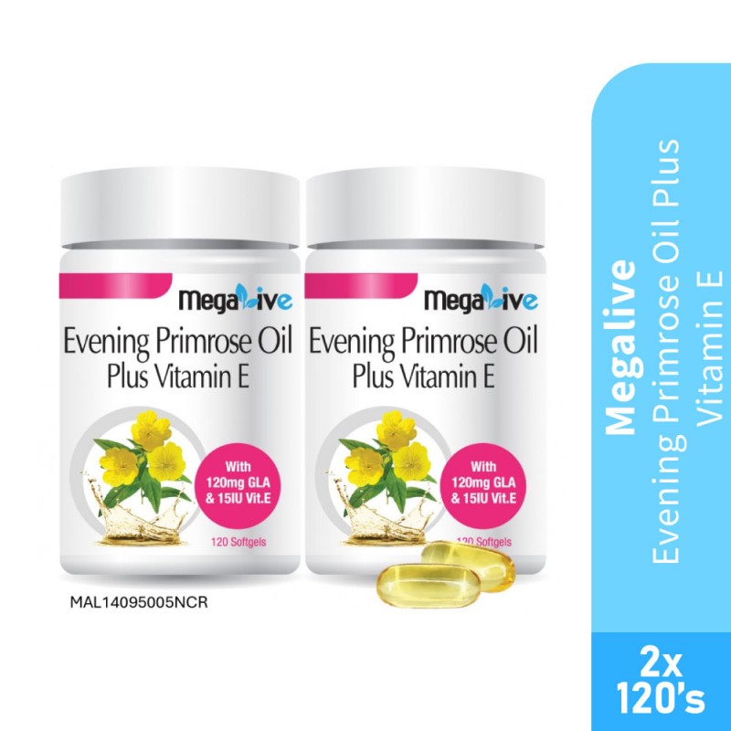MEGALIVE Evening Primrose Oil Plus Vitamin E 120's X 2 with Evening Primrose Oil, Epo Supplement