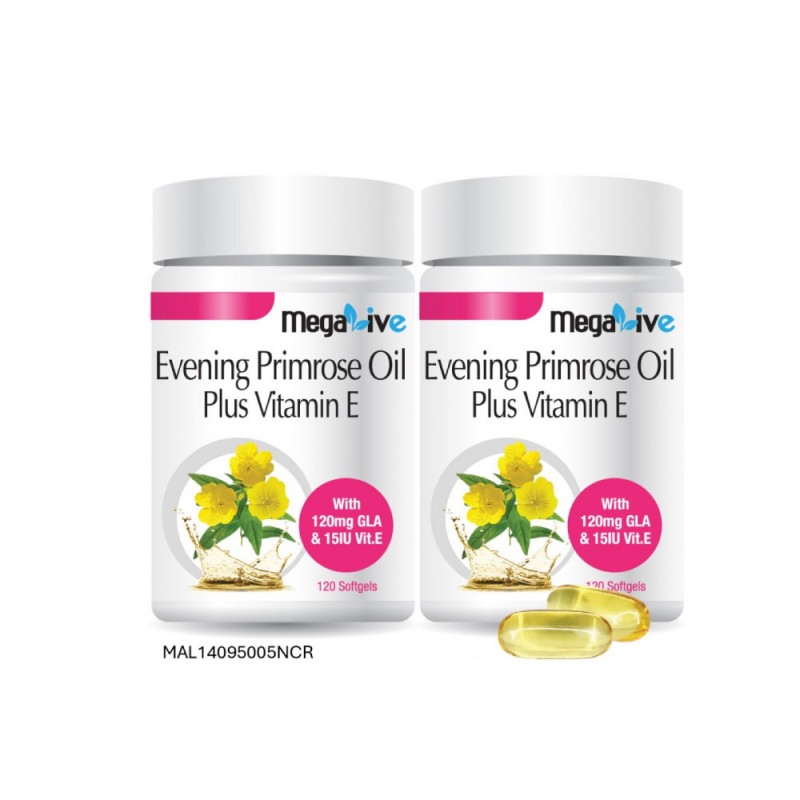 MEGALIVE Evening Primrose Oil Plus Vitamin E 120's X 2 with Evening Primrose Oil, Epo Supplement