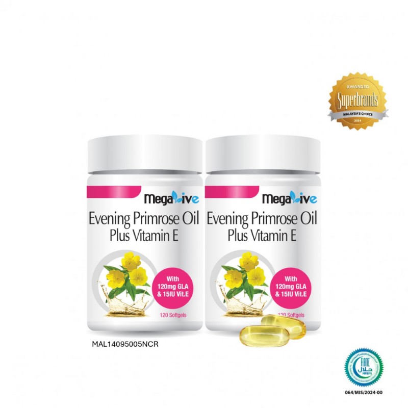 MEGALIVE Evening Primrose Oil Plus Vitamin E 120's X 2 with Evening Primrose Oil, Epo Supplement