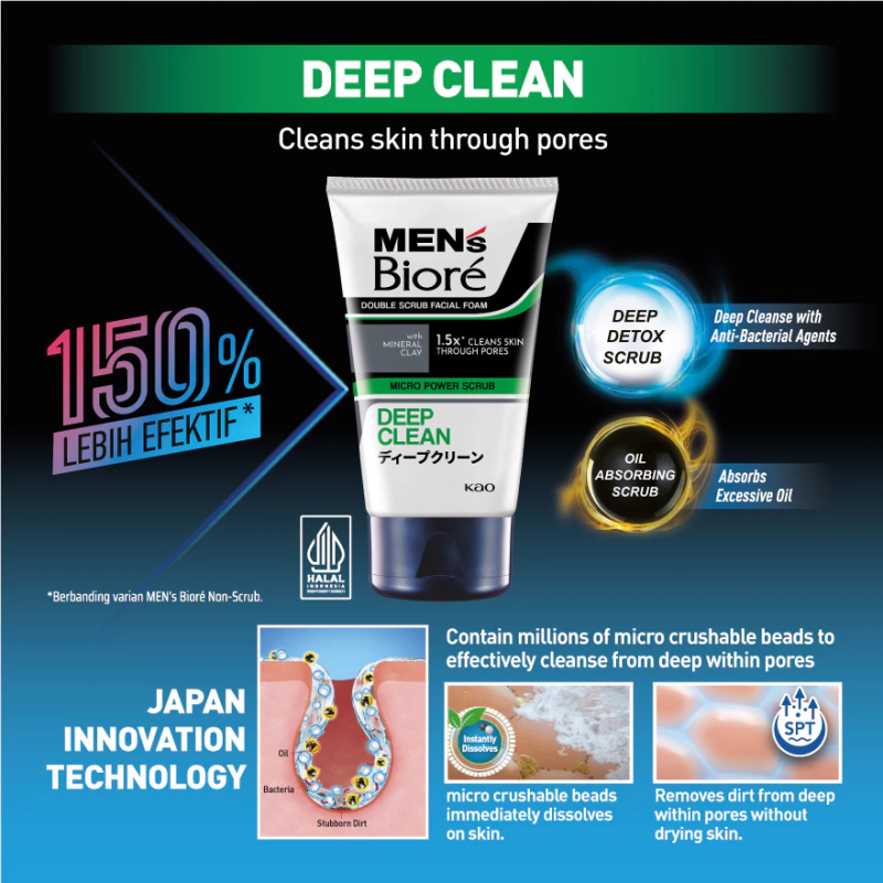 Biore Men's Facial Foam 50G - Double Scrub Deep Clean