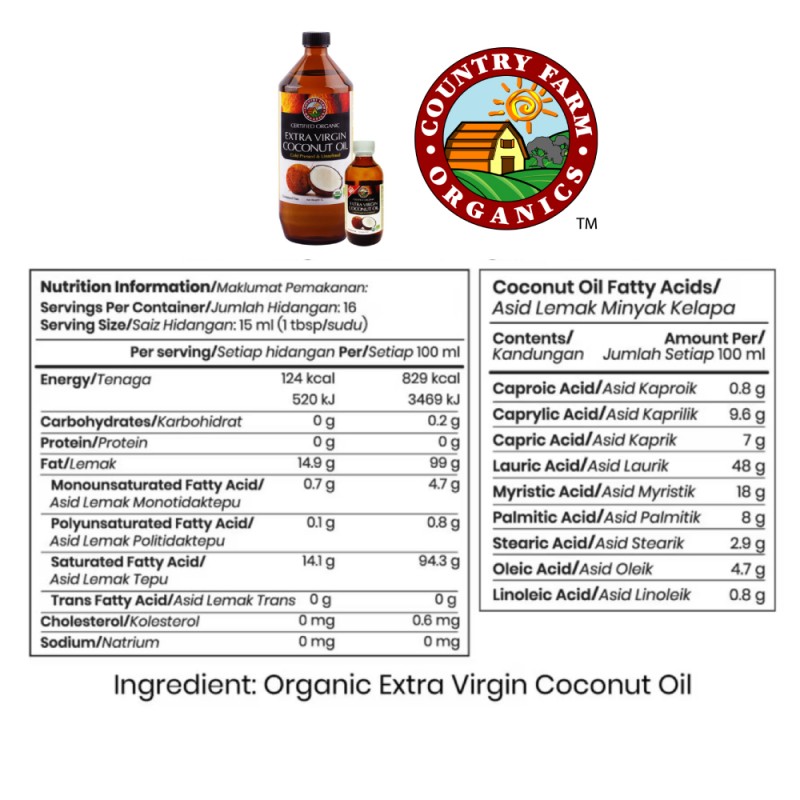 COUNTRY FARM Extra Virgin Coconut Oil 1L + 100ml for Minyak Kelapa Dara, Coconut Oil Virgin
