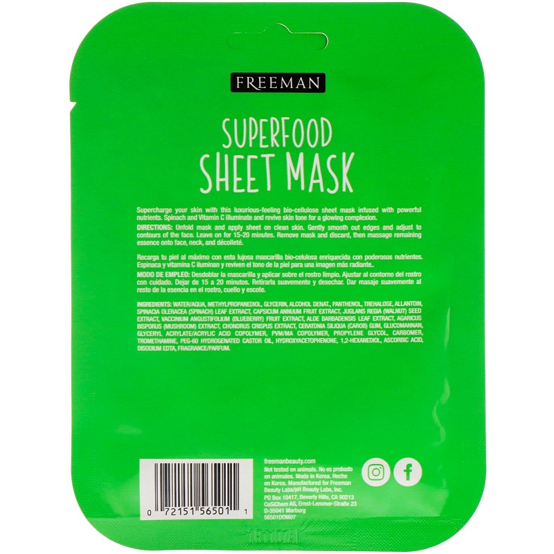 Freeman Superfood Sheet Mask Spinach 0.84 fl oz (25 ml)