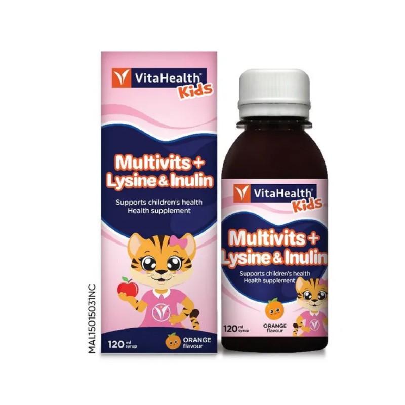 VITAHEALTH Kids Multivits + Lysine & Inulin Syrup 120ml- Kids Growth Supplements, Vitamin A , Vitamin C , Vitamin E