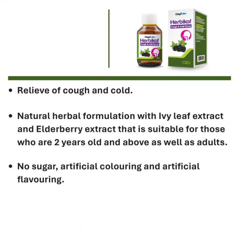MEGALIVE Herbikof Cough & Cold Syrup 100ml for Ubat Batuk, Cough Syrup with Ivy Leaf