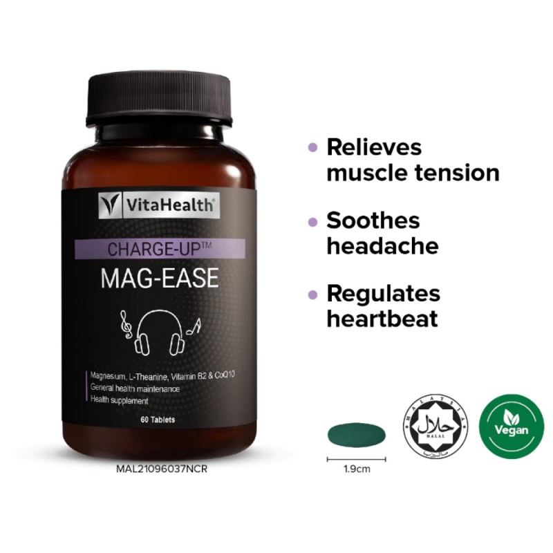 VITAHEALTH Charge-Up Mag-Ease 60's with L-Theanine, Coq10, Vitahealth Mag Ease