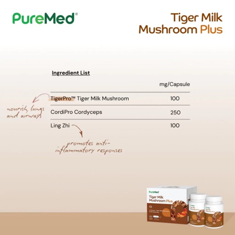 PUREMED Tiger Milk Mushroom Plus 60’s x 2 – Respiratory & Immune Health Support
