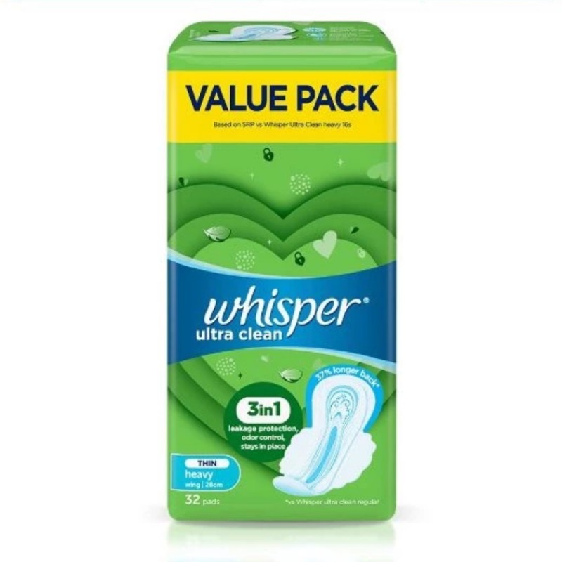 Whisper Ultra Clean Normal/Heavy Day Wings 28cm 32's