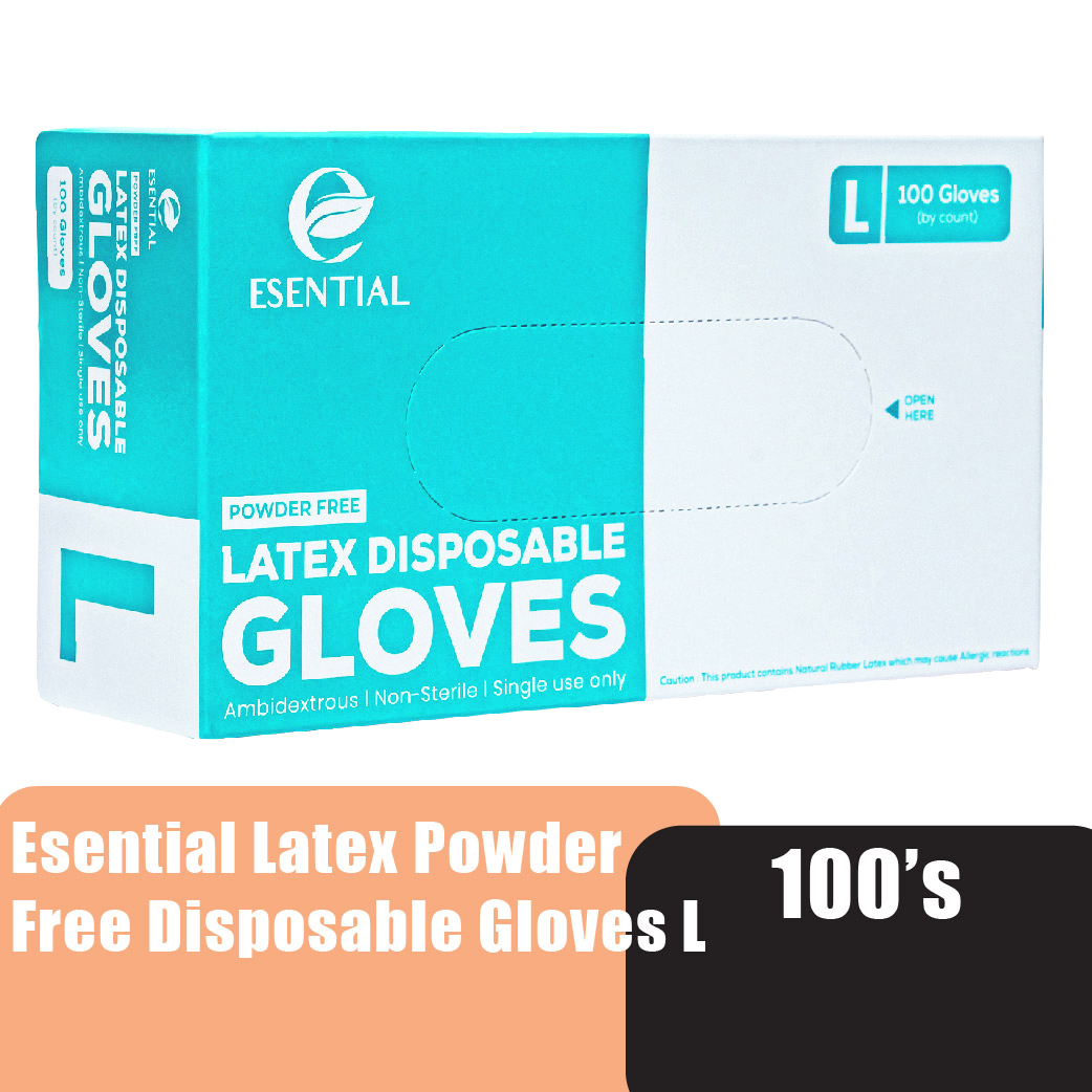 ESENTIAL Latex Powder Free Disposable Gloves 100's -L size /sarung tangan getah/一次性手套