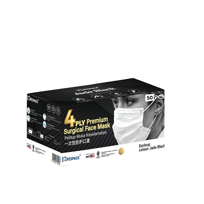 RESPACK 4PLY PREMIUM SURGICAL COLOURS SERIES FACE MASK 50'S - JADE BLACK