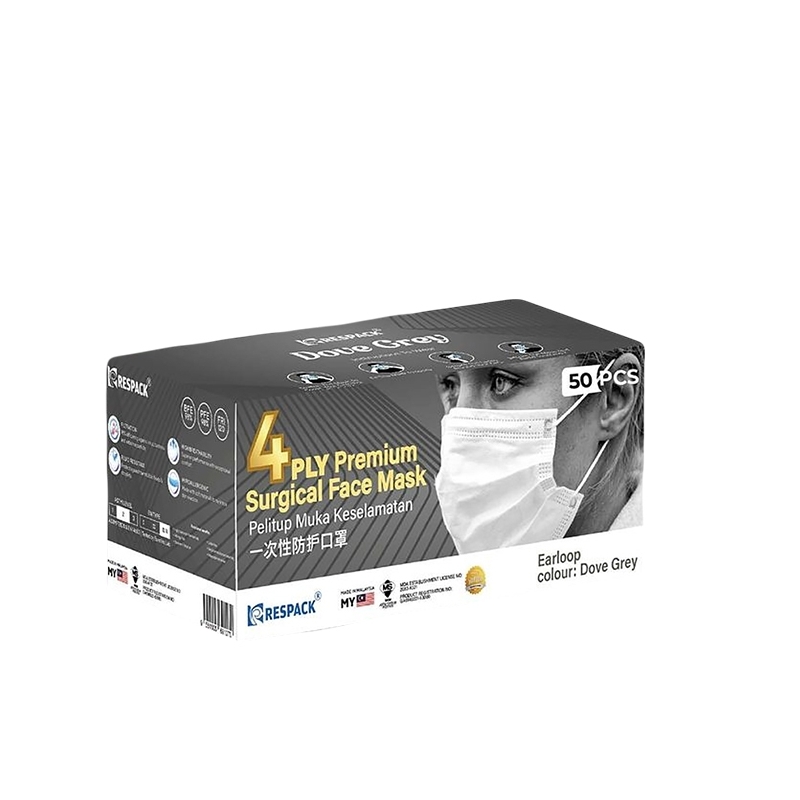 RESPACK 4PLY PREMIUM SURGICAL COLOURS SERIES FACE MASK 50'S - DOVE GREY