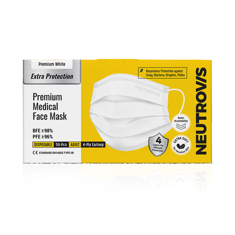 NEUTROVIS MEDICAL FACE MASK 4PLY - PREMIUM WHITE (EXTRA SOFT) 50'S