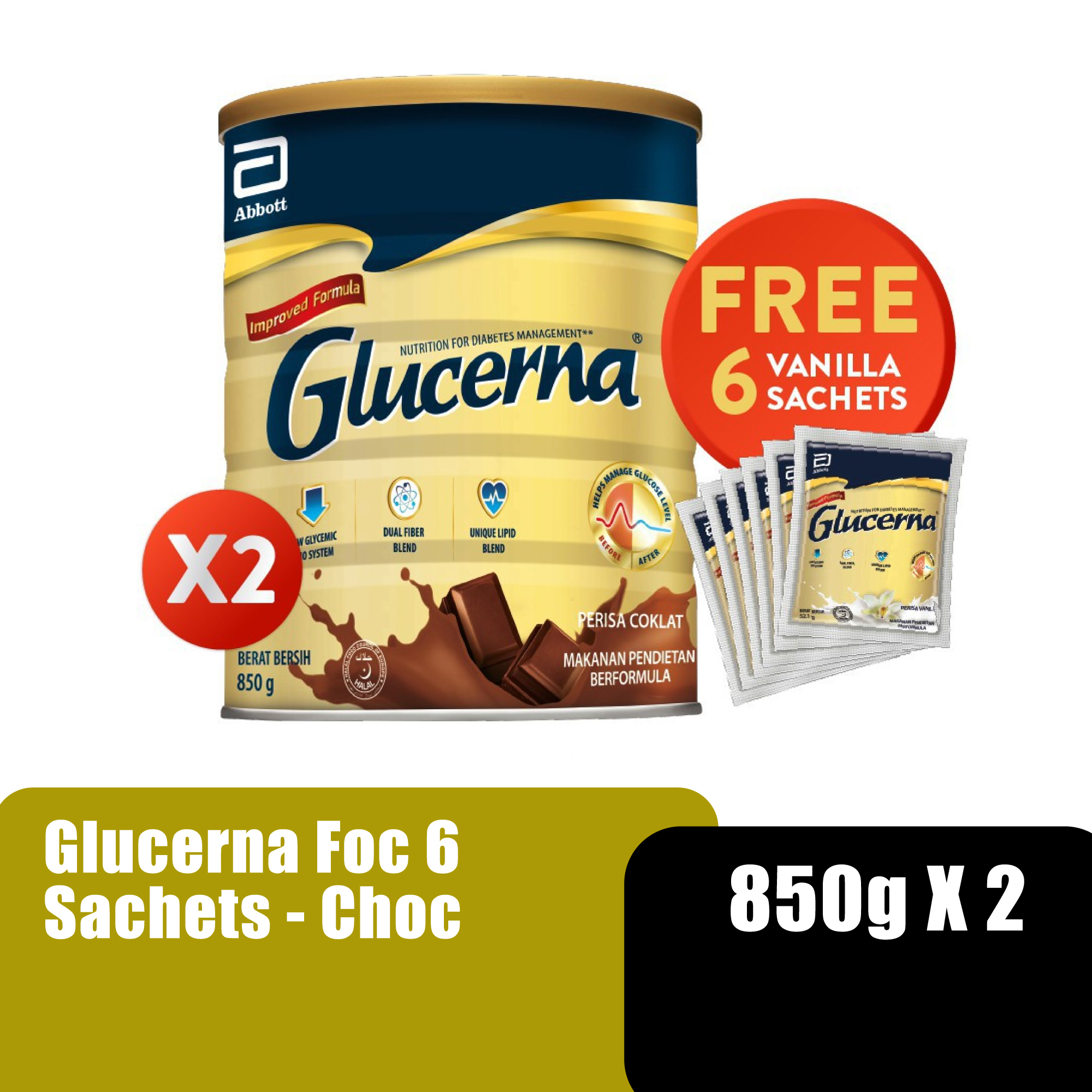 Glucerna Chocolate Milk, Diabetic Milk as Meal Replacement and in Tube Feeding Formula - 800g x 2 [FOC 6 Sachets]