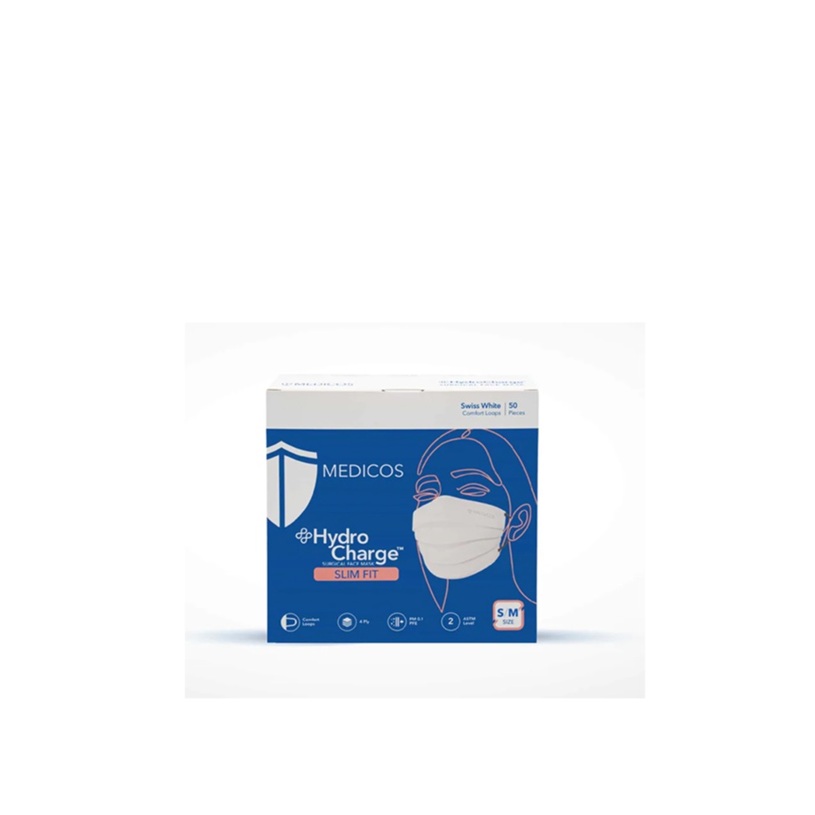 MEDICOS HYDROCHARGE 4PLY FACE MASK 50'S (SLIM FIT - S/ M SIZE) - SWISS WHITE