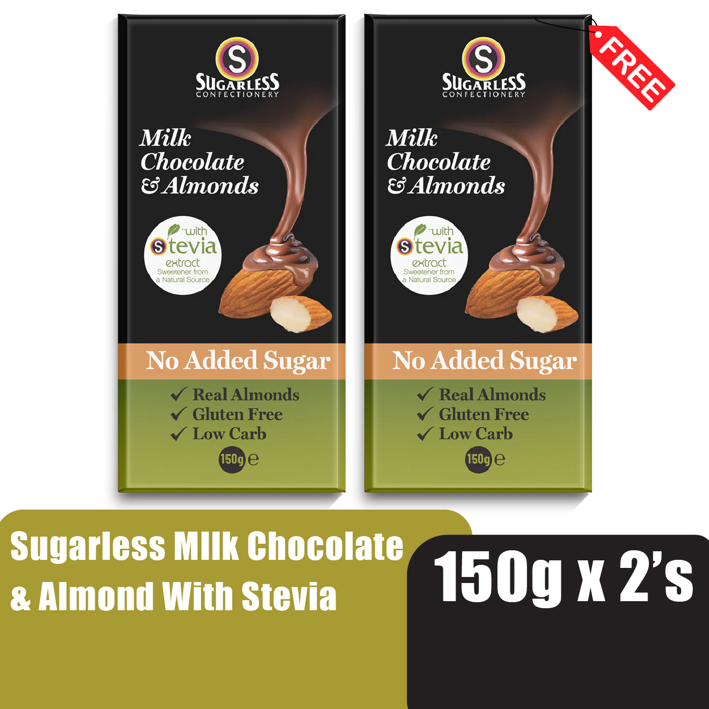 Sugarless Milk Chocolate & Almond With Stevia 150g