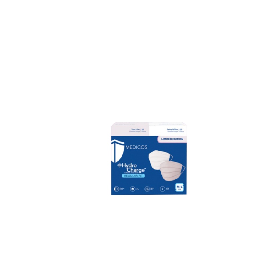 MEDICOS HYDROCHARGE 4PLY FACE MASK 50'S (REGULAR FIT-M/L SIZE) - WHITE & TARO LILAC