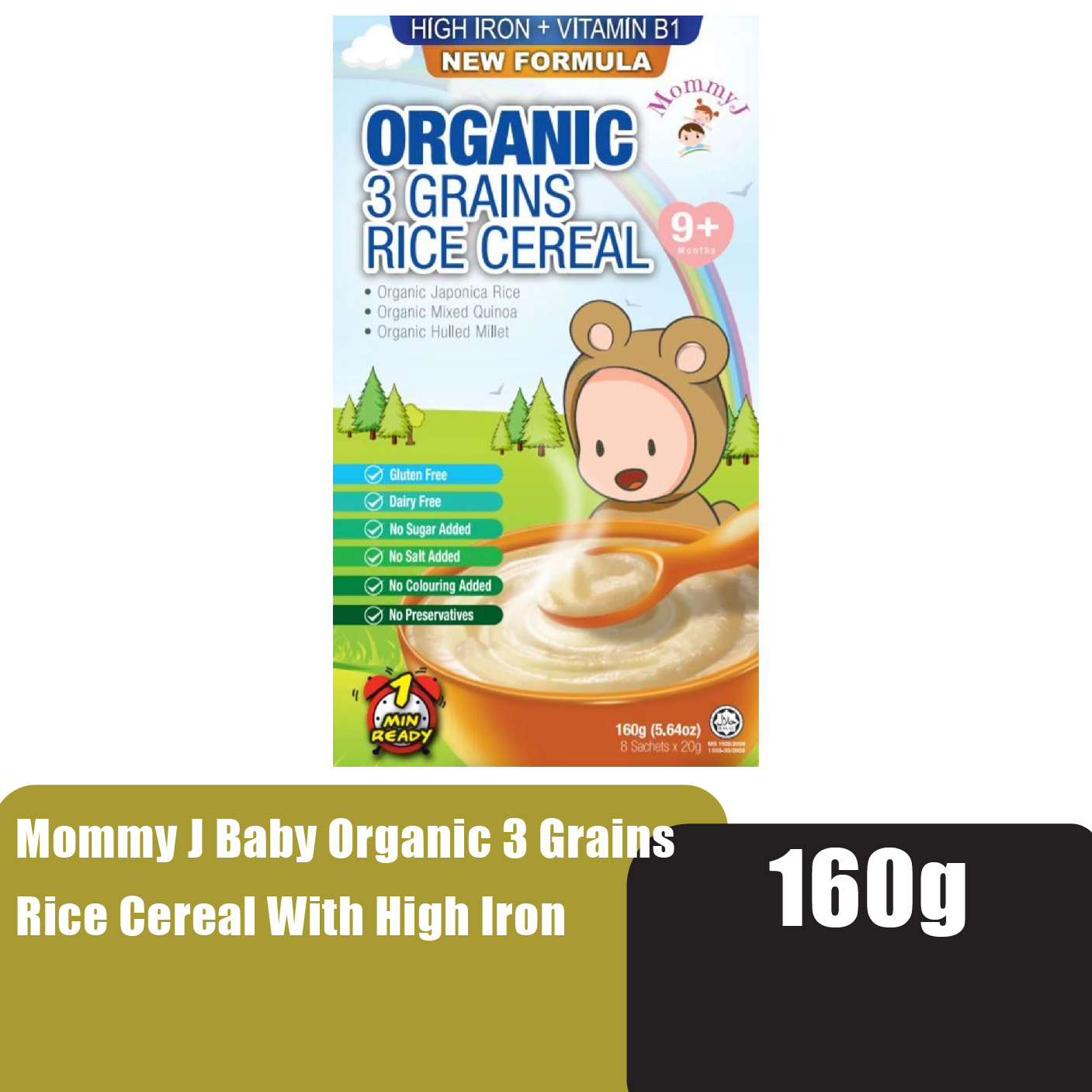 MOMMY J Baby Organic 3 Grains Rice Cereal With High Iron 160g - Halal Baby Food, Makanan Baby for 9+ Months