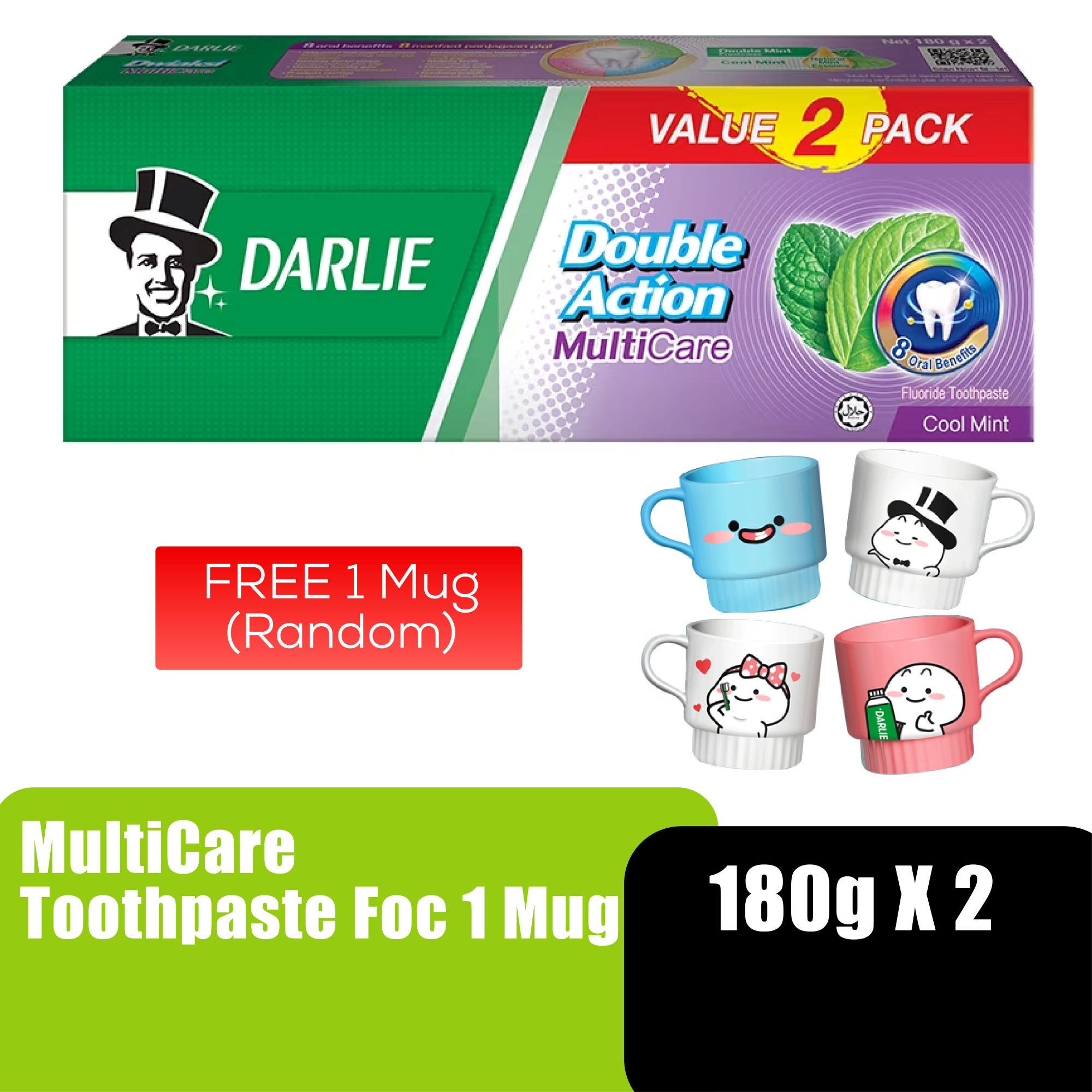 DARLIE DOUBLE ACTION MULTICARE TOOTHPASTE 180G X 2 WITH FOC MUG
