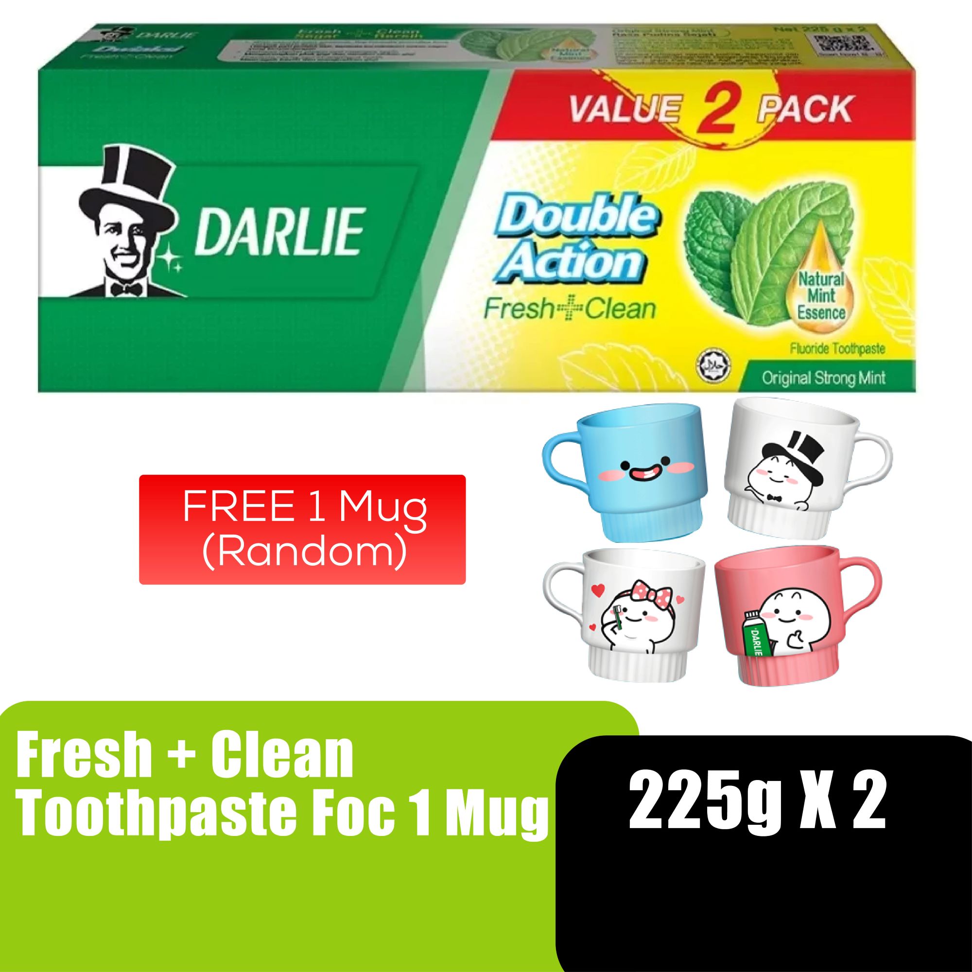 DARLIE DOUBLE ACTION FRESH + CLEAN TOOTHPASTE 225G x 2 WITH FOC MUG