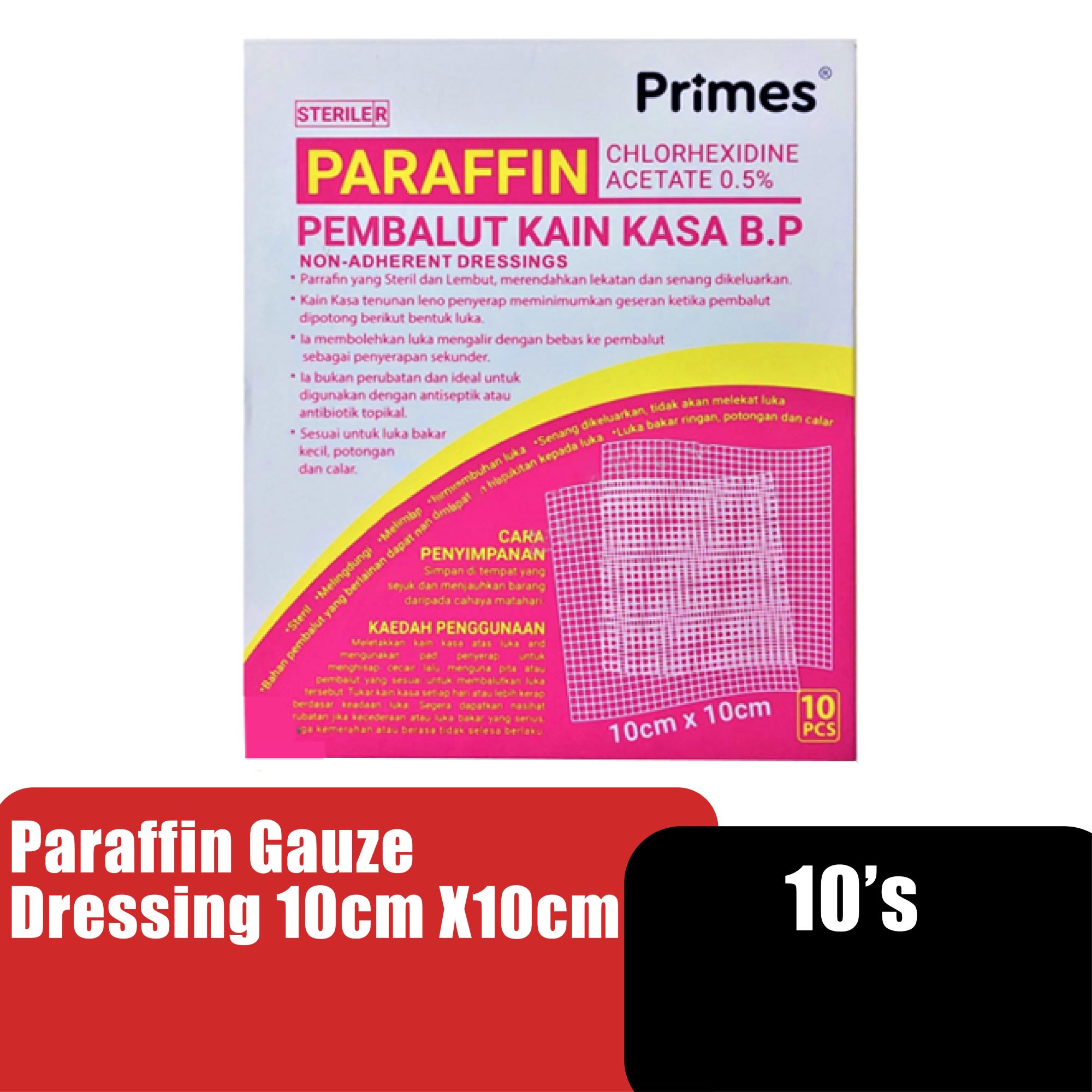 PRIMES PARAFFIN GAUZE DRESSING 10CM X 10CM 10'S