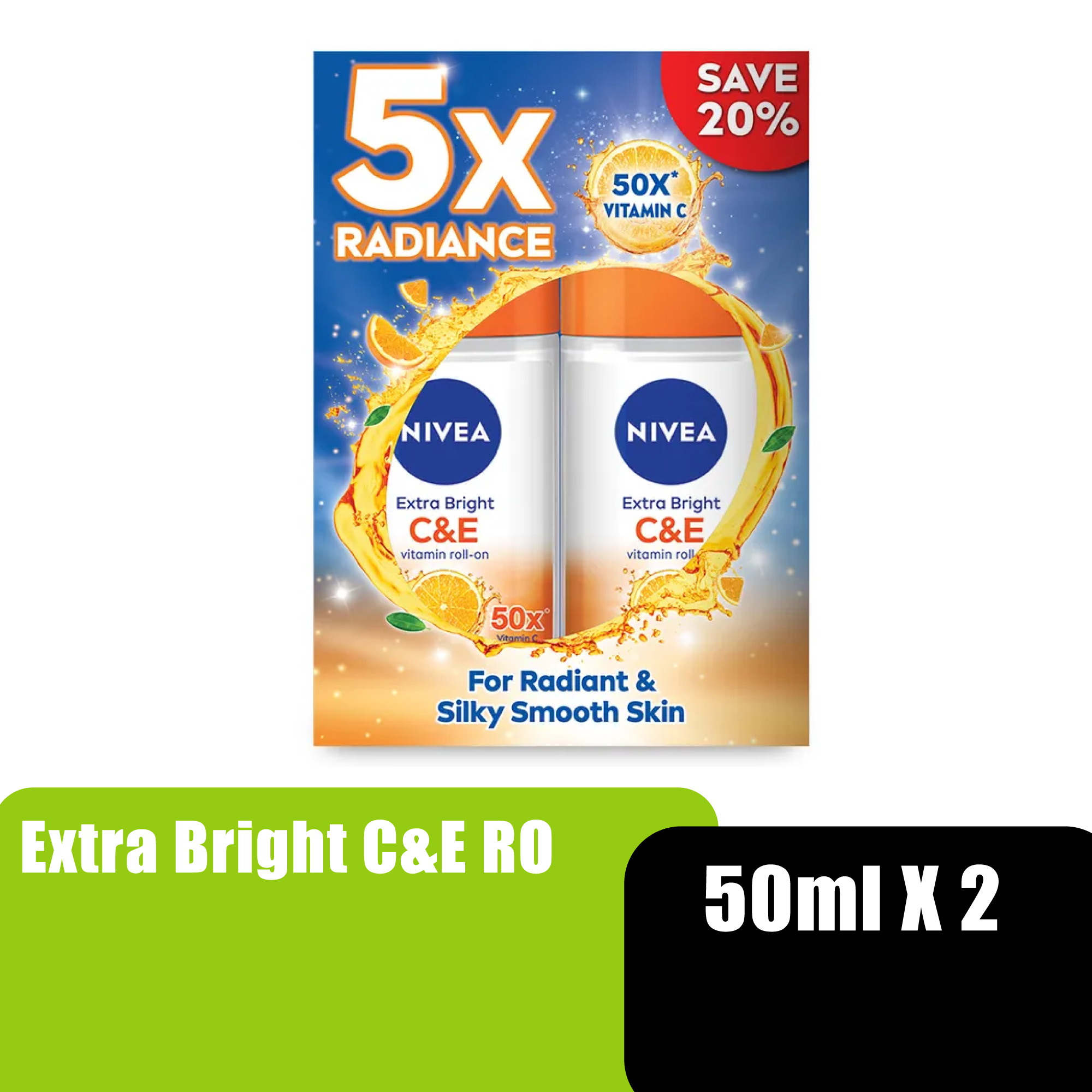 NIVEA FEMALE EXTRA BRIGHT C&E ROLL 50ML X 2 (84186)