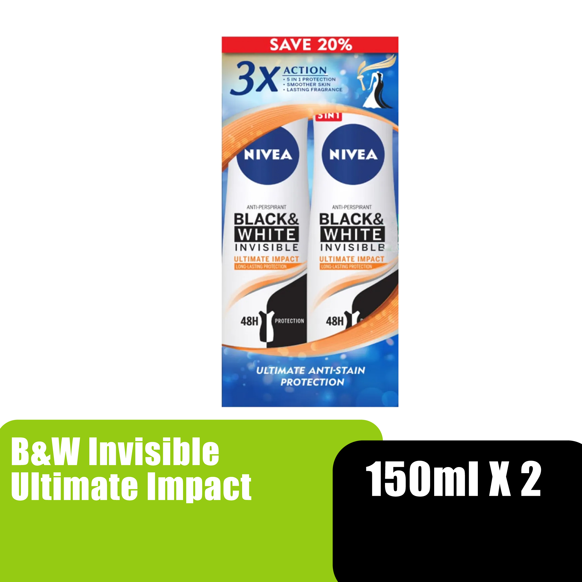 NIVEA FEMALE BLACK & WHITE ULTIMATE IMPACT SPRAY 150ML X 2 (83486)