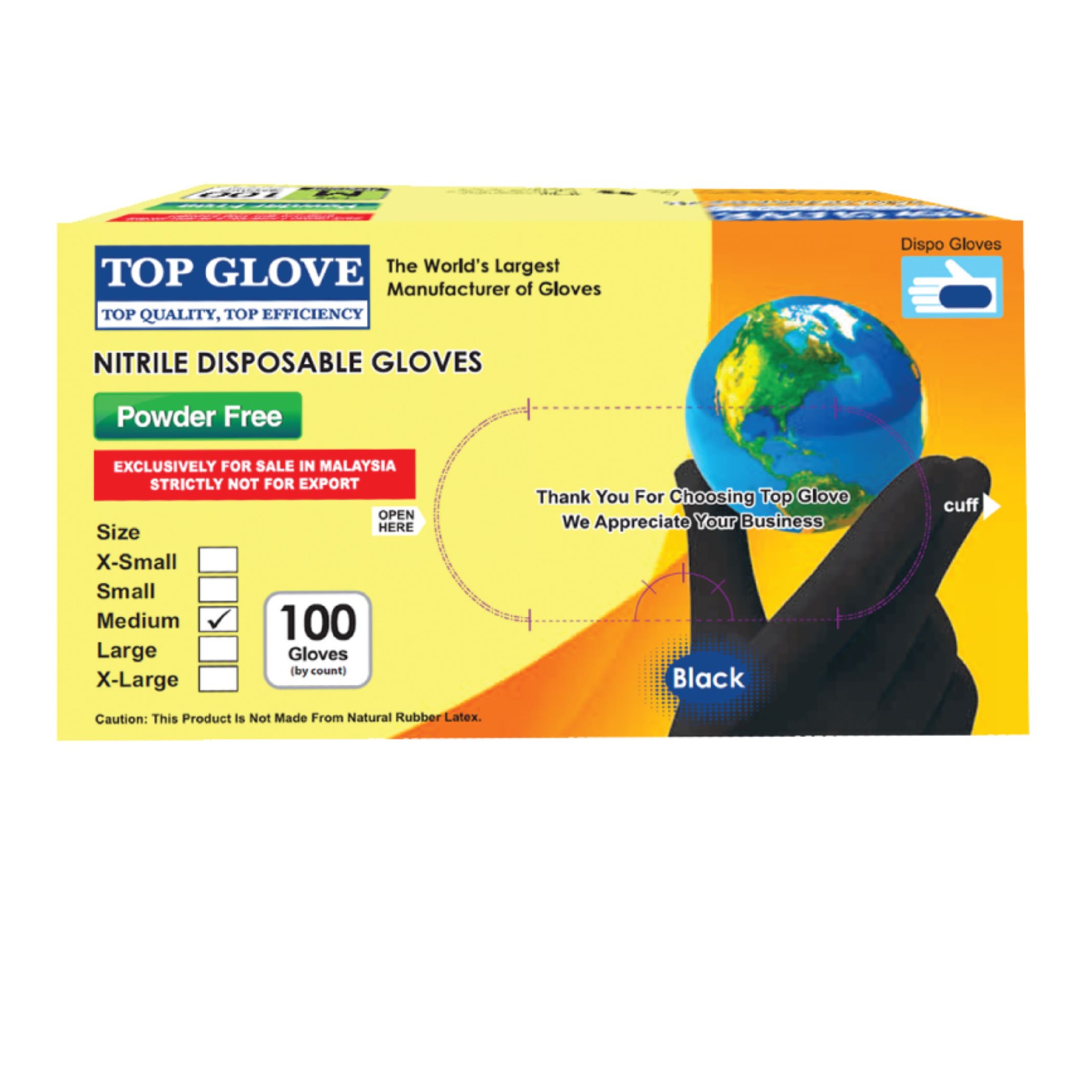 TOP GLOVE NITRILE CHLORINATED PF GLOVES (BLACK) 100'S - M