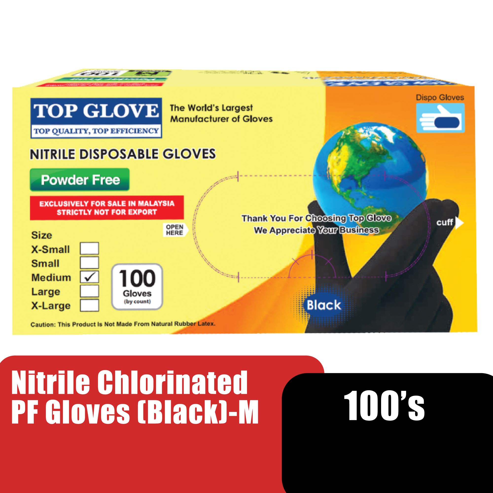 TOP GLOVE NITRILE CHLORINATED PF GLOVES (BLACK) 100'S - M